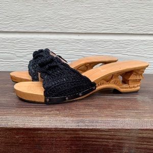 Women’s Black Slip-On Sandals w/ Carved Wood Heels